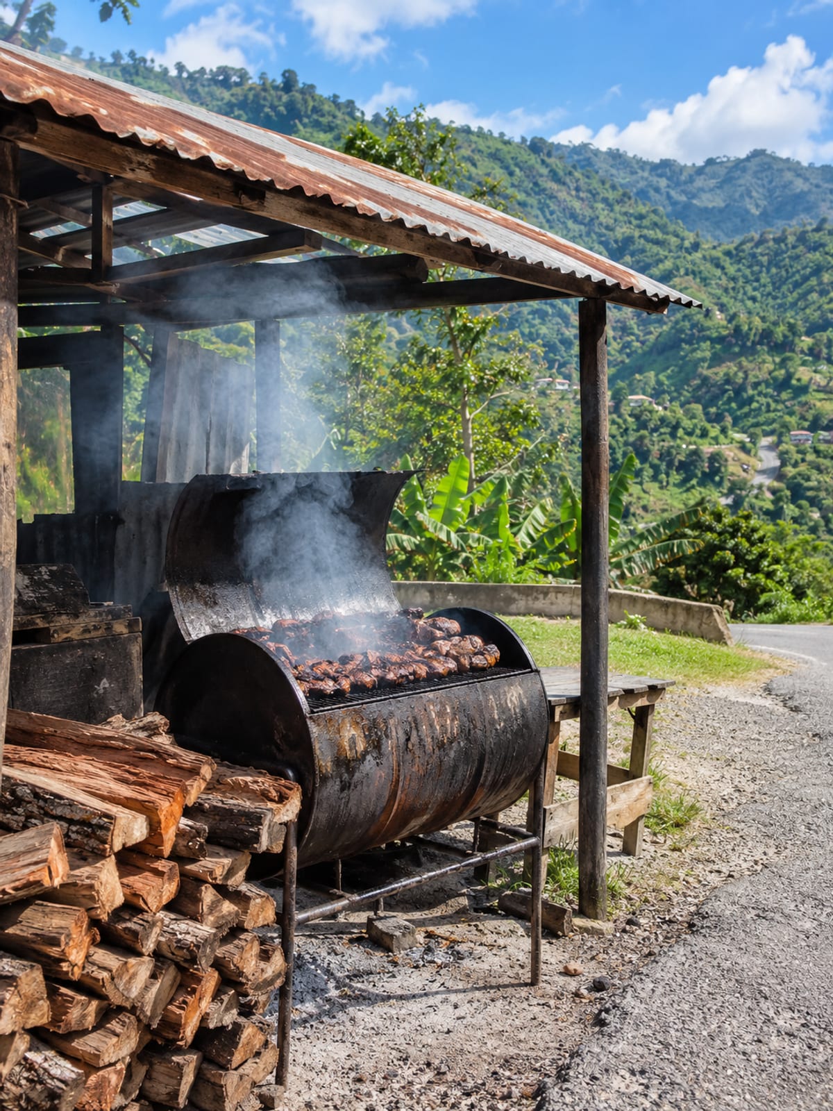 A roadside jerk grill smoking under a zinc roof with green hills behind